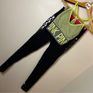 Victoria's Secret PINK Black Leggings Mesh Sides & Pocket Green Gray Sports Bra